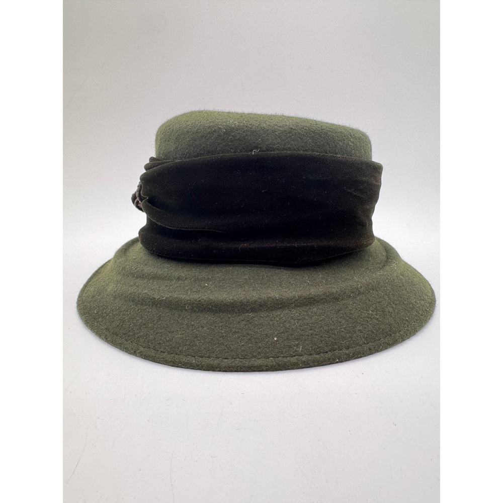 Galliano Sorbatti Italy Wool Felt Cloche Hat Green Velvet Floral Real Fur Trim